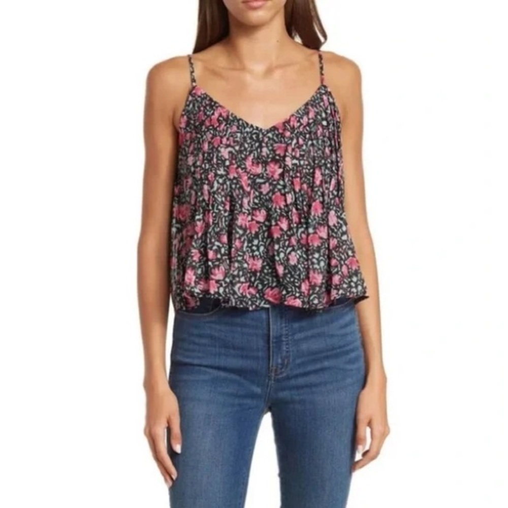 ASTR The Label Pleated Chiffon Floral Blouse Black/Fuchsia Size S